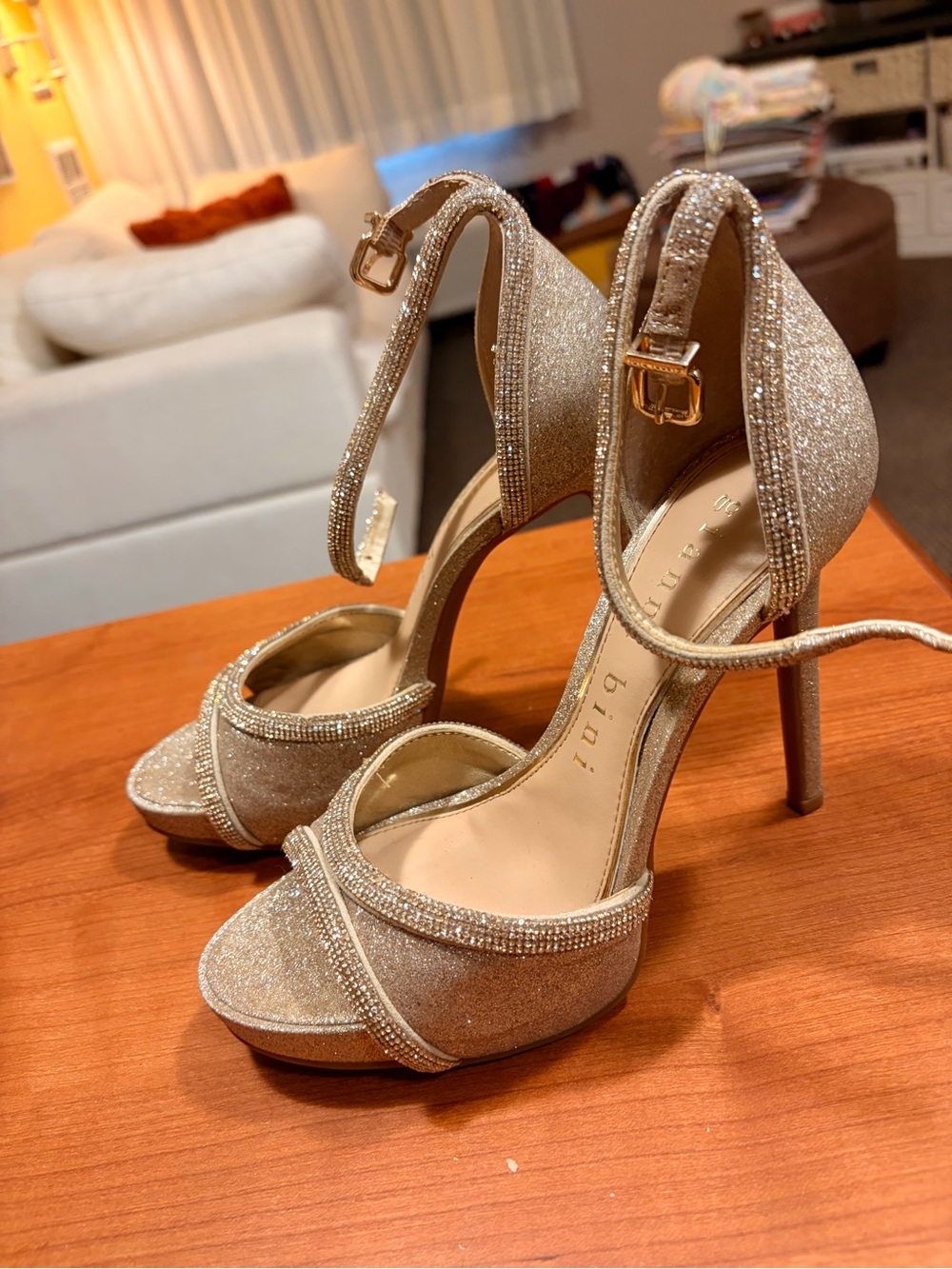Gianni Bini Gold Glitter Ankle-Strap High Heel Sandals